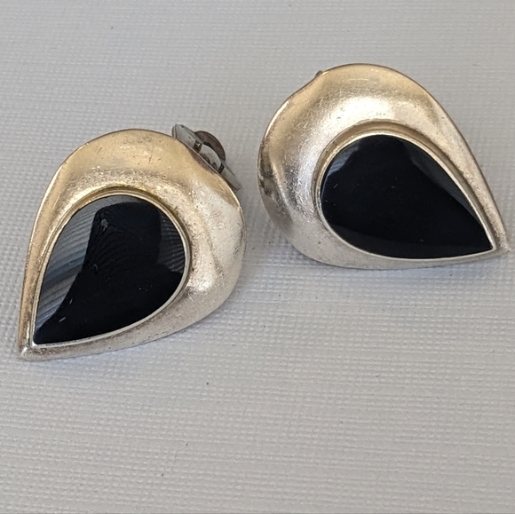 Signed Vintage 925 Sterling Silver Black Onyx Pear Shaped Clip On Earrings - Picture 5 of 12